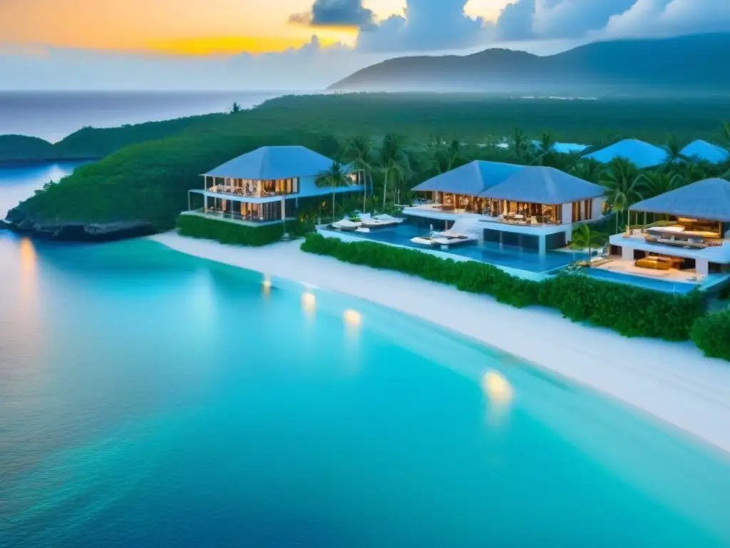 Paraíso exclusivo: lujo caribeño frente al mar Vista aérea de lujoso resort en el Caribe con aguas turquesas, palmeras y villas con piscinas infinitas privadas