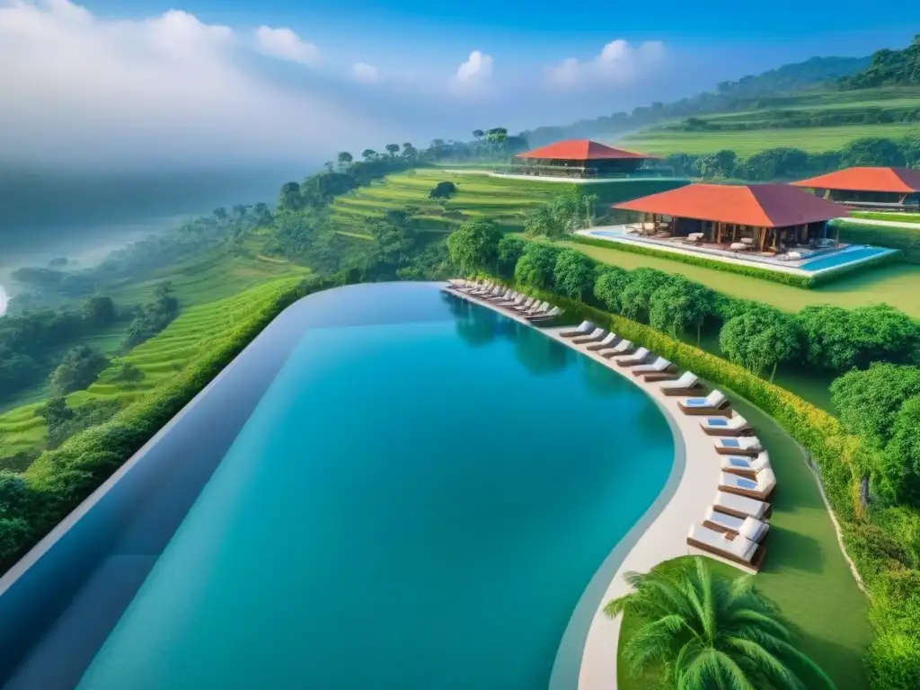 Resort de lujo entre dos países: arquitectura moderna y naturaleza exuberante Vista aérea de un lujoso resort en la frontera, ideal para inversión inmobiliaria en destinos fronterizos