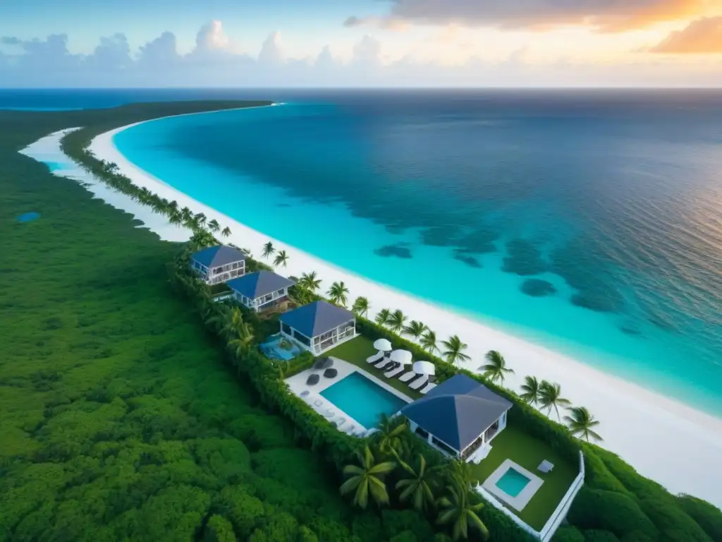 Oasis de lujo en el Caribe: atardecer romántico en resort exclusivo Vista aérea de un lujoso resort en el Caribe al atardecer, con playas de arena blanca, aguas turquesas, palmeras y villas exclusivas