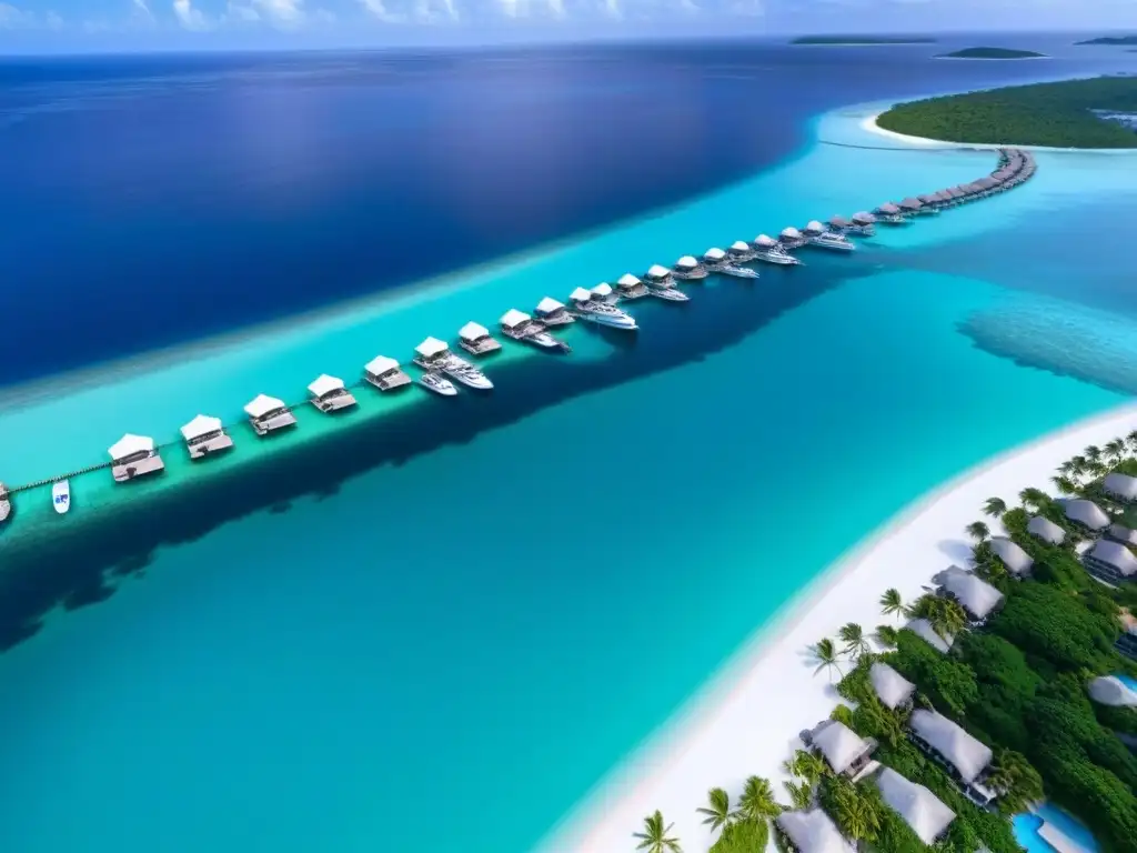 Paraíso de lujo en isla privada con bungalows sobre el agua Vista aérea de un lujoso resort en una isla privada, rodeado de aguas turquesa y playas de arena blanca al atardecer