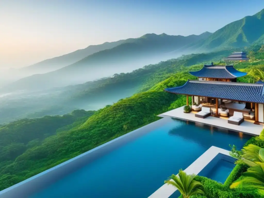 Resort de lujo en Asia: oasis de tranquilidad y opulencia Vista aérea de lujoso resort en Asia: infinity pools, villas modernas y montañas