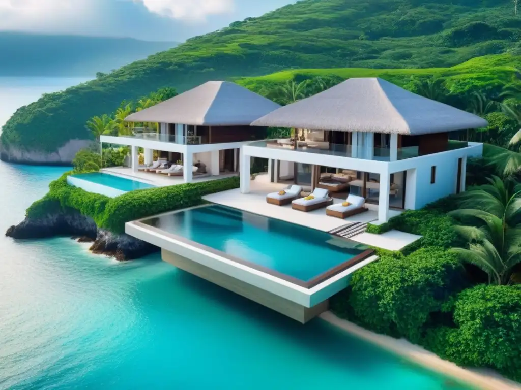 Exclusivo resort de lujo en destino emergente: inversión prime Vista aérea de lujoso resort frente al mar con villas y piscinas infinitas, ideal para inversionistas en mejores destinos vacacionales