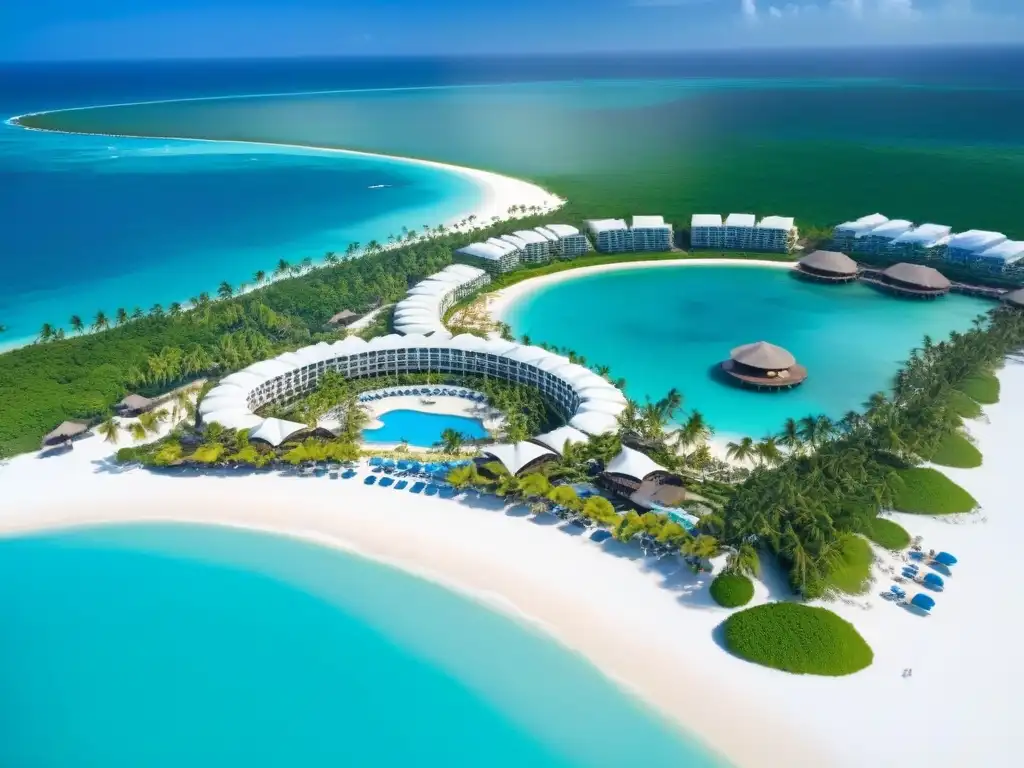 Paraíso tropical de lujo: resort frente al mar Vista aérea de un lujoso resort frente al mar con aguas turquesas, palmeras y amenidades exclusivas