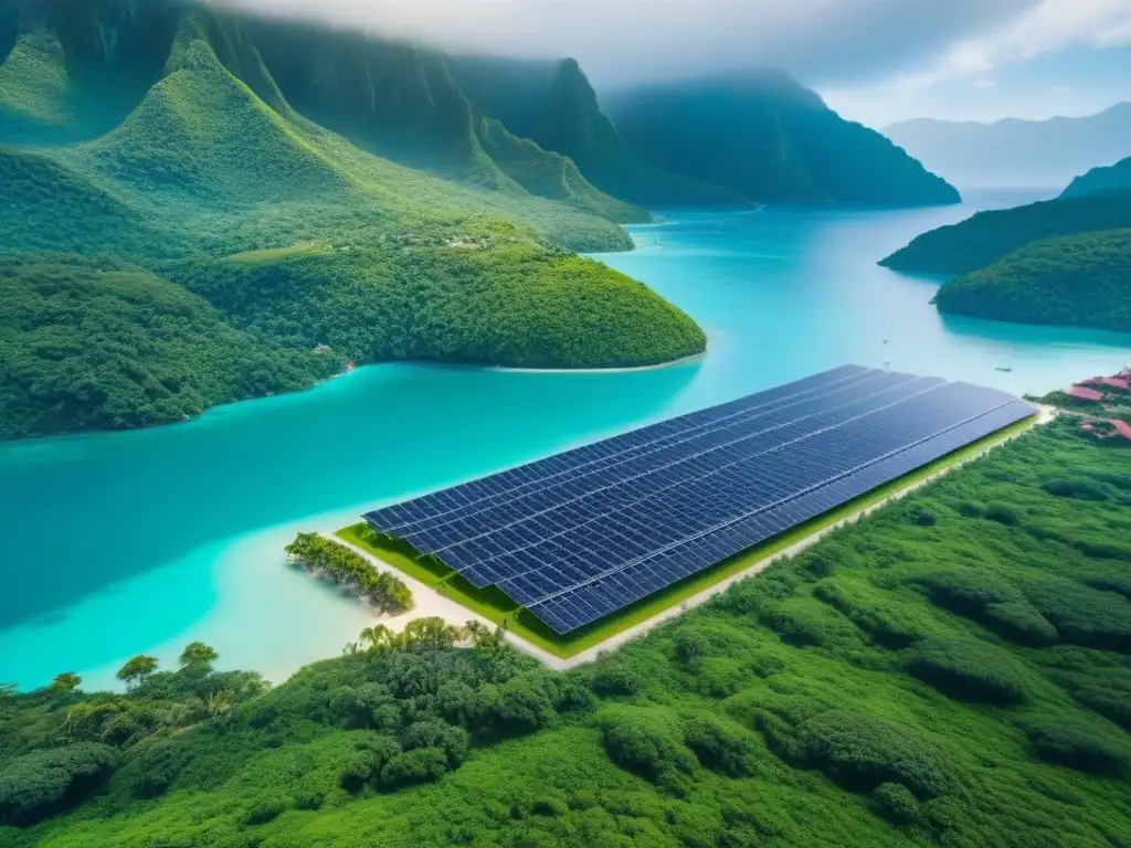 Resort ecológico de lujo en entorno natural paradisíaco Vista aérea de un lujoso resort ecológico entre aguas turquesas y montañas verdes, ideal para inversiones inmobiliarias sostenibles internacionales