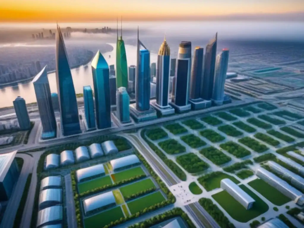 Futurista ciudad sostenible en América del Norte Vista aérea de mega proyectos y desarrollos inmobiliarios en Norteamérica, con arquitectura sostenible y tecnología innovadora