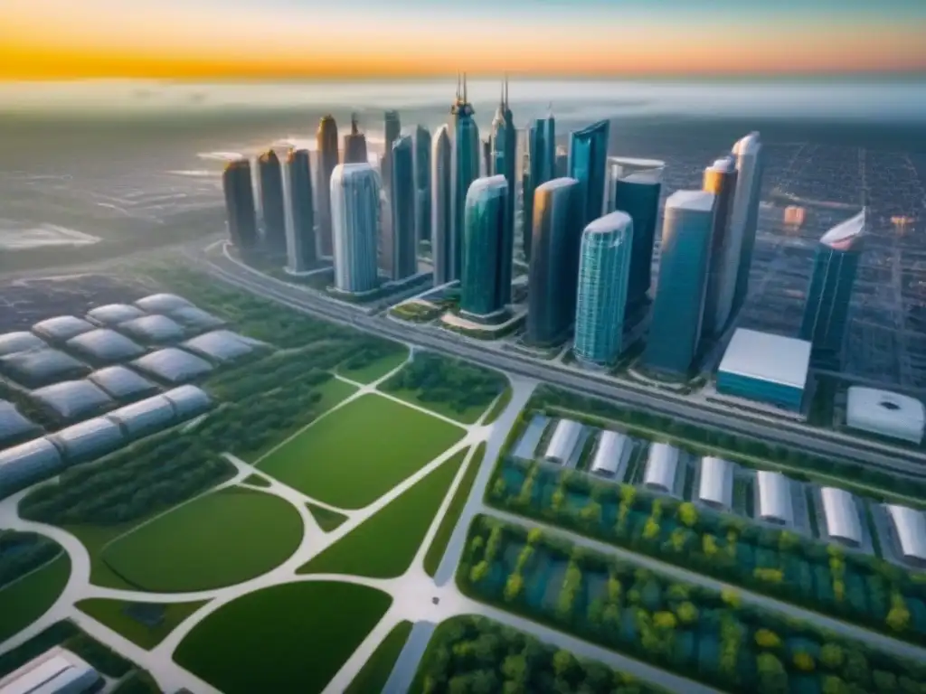 Desarrollo inmobiliario futurista en América del Norte Vista aérea de mega proyectos desarrollos inmobiliarios Norteamérica con rascacielos futuristas, espacios verdes y gente diversa