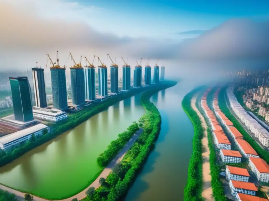 Mercado inmobiliario emergente: crecimiento urbano y prosperidad Vista aérea de urbanización en mercados inmobiliarios emergentes con rascacielos futuristas y viviendas tradicionales