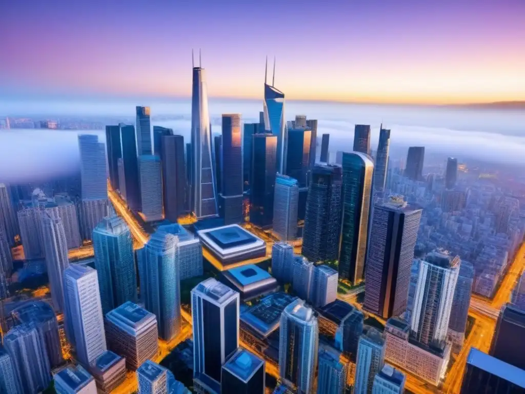 Metrópolis futurista: skyline con realidad virtual Vista aérea de metrópoli moderna al atardecer con rascacielos y VR, Inversiones inmobiliarias internacionales realidad virtual