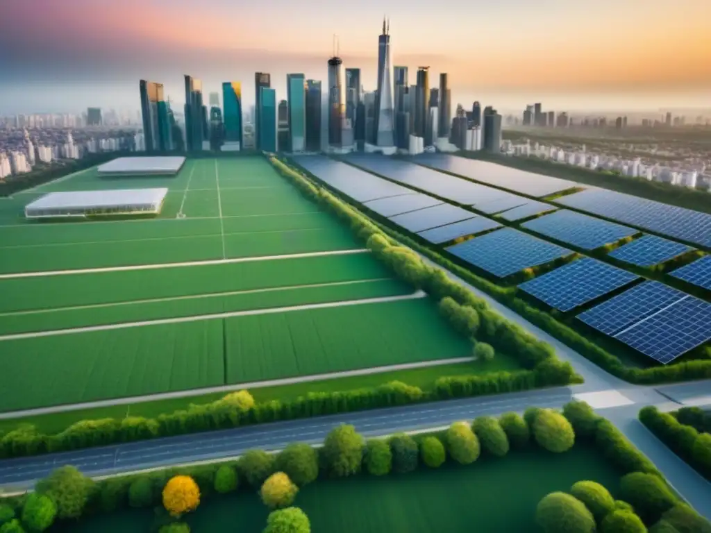 Metrópolis sostenible: parques, paneles solares y rascacielos futuristas Vista aérea de una metrópolis bulliciosa con parques verdes, paneles solares, ciclovías y rascacielos futuristas, simbolizando el urbanismo sostenible de ciudades globales