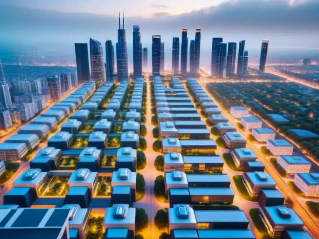 Metrópolis futurista: arquitectura moderna y sostenible al atardecer Vista aérea de una metrópolis futurista al anochecer con rascacielos, calles llenas de vehículos autónomos y espacios verdes