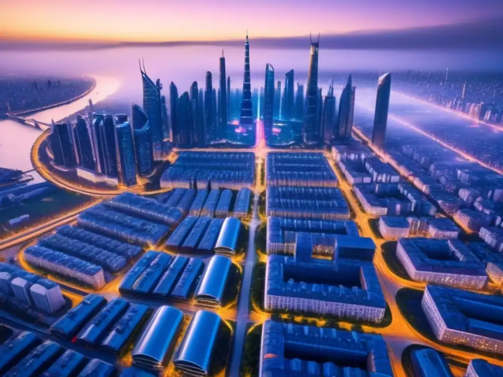 Metrópolis futurista: innovación urbana y sostenibilidad Vista aérea de una metrópolis futurista al atardecer, con diseño arquitectónico innovador y espacios verdes sostenibles integrados