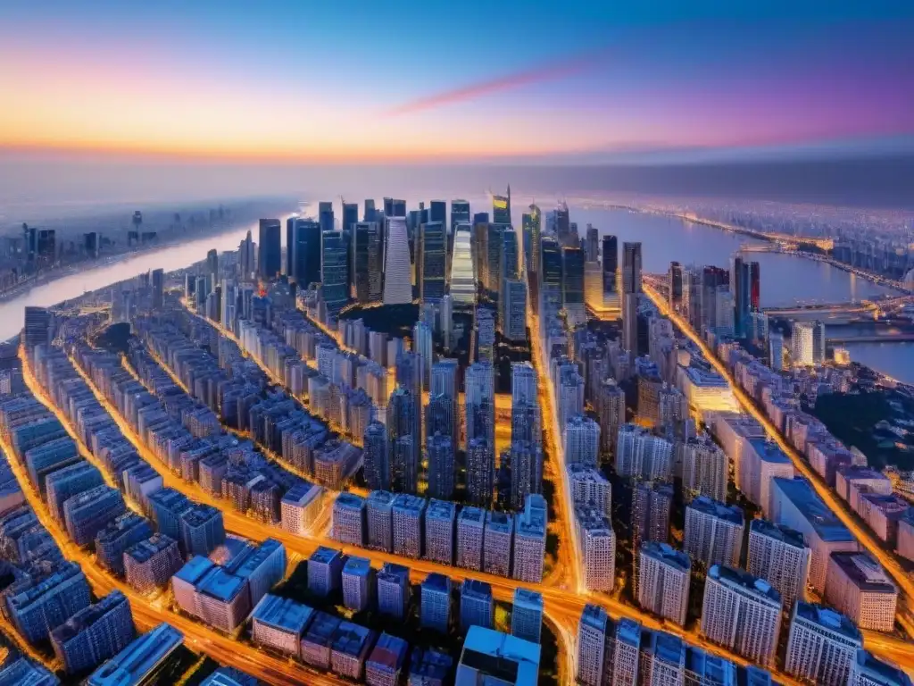 Metrópolis moderna: luces urbanas en atardecer vibrante Vista aérea de una metrópolis moderna repleta de rascacielos, luces brillantes y atardecer vibrante