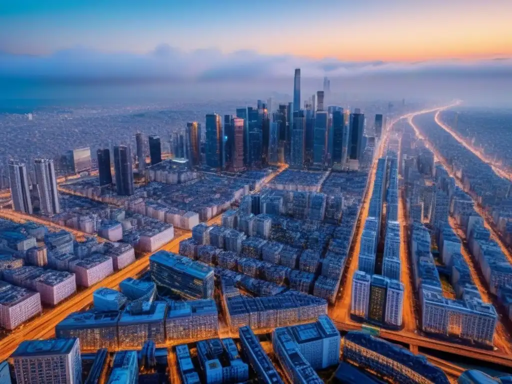 Metrópolis vibrante al atardecer: inversión inmobiliaria internacional Vista aérea de una metrópolis al anochecer con rascacielos brillantes reflejando el sol