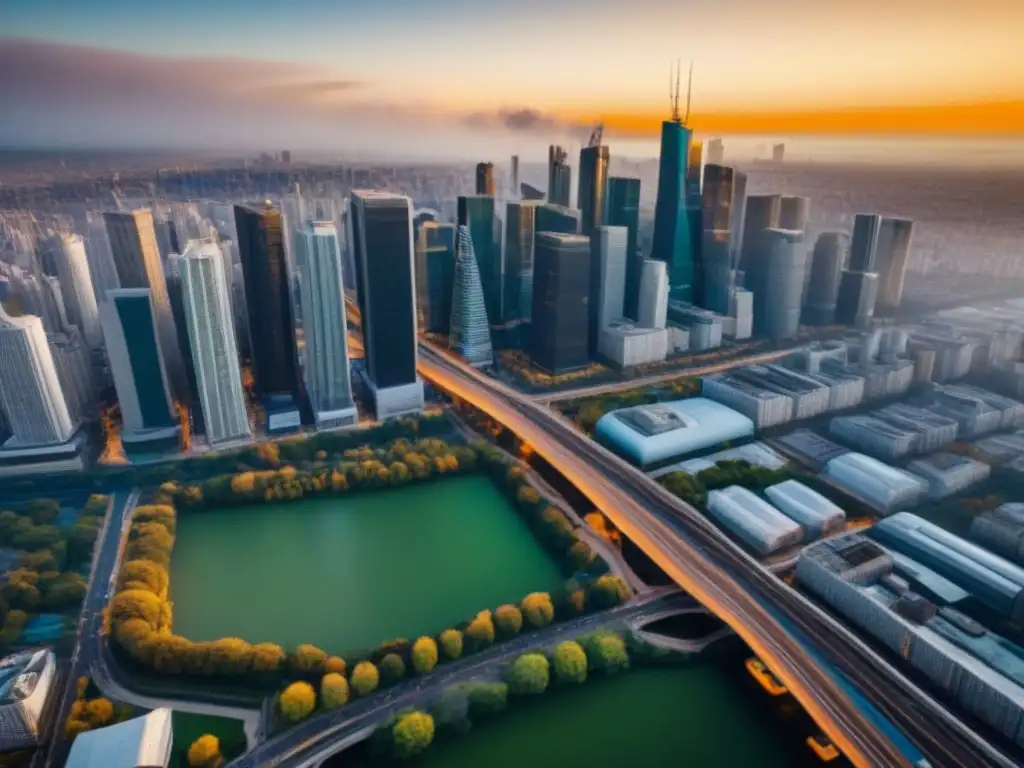 Metrópolis al atardecer: interplay de luces y sombras en la ciudad Vista aérea de una metrópolis vibrante al atardecer, con rascacielos, áreas verdes y sistema de transporte público