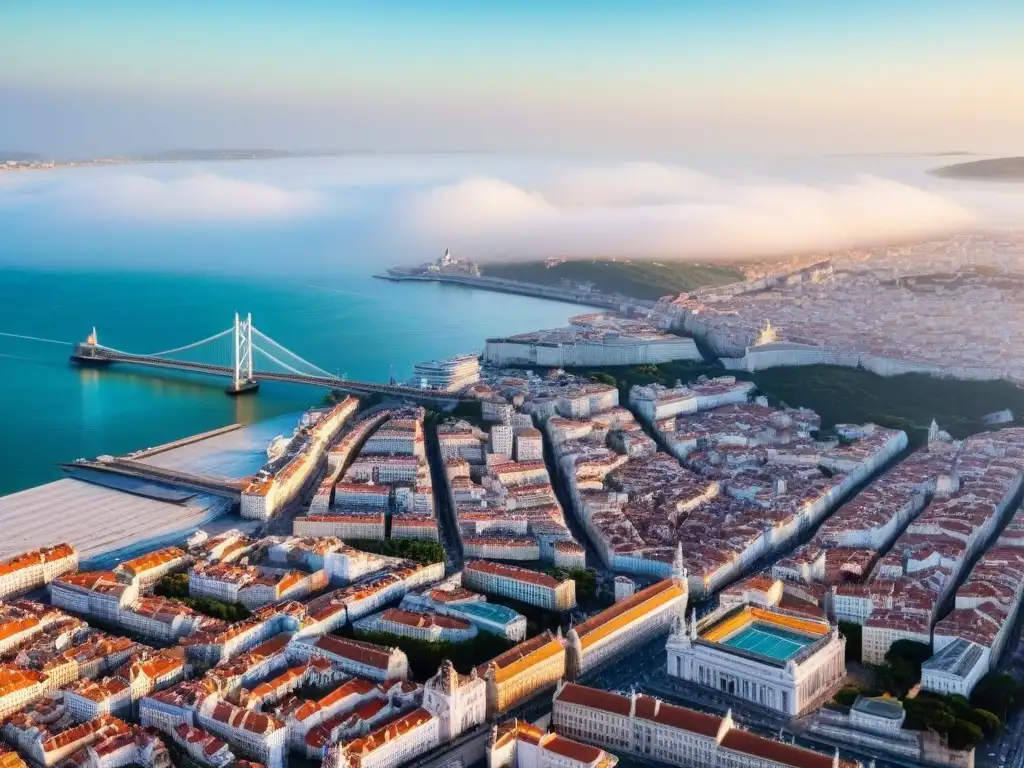 Vista aérea de Lisboa: arquitectura histórica y moderna junto al río Tajo Vista aérea de Lisboa con mezcla de arquitectura histórica y moderna, reflejando la evolución de la inversión inmobiliaria Lisboa tendencias