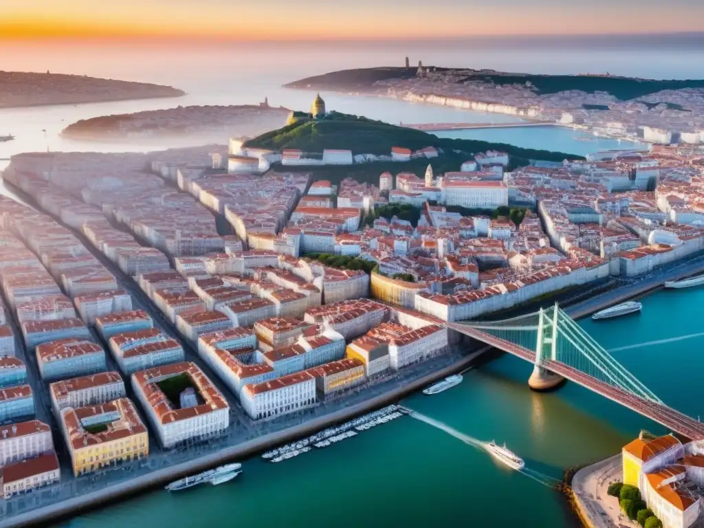 Vibrante Lisboa: arquitectura histórica y moderna a orillas del río Tajo Vista aérea de Lisboa con mezcla de arquitectura histórica y rascacielos modernos