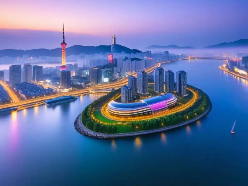 Horizonte futurista de Seúl: fusión arquitectónica al anochecer Vista aérea de Seúl al anochecer, mezcla de arquitectura tradicional y moderna, reflejo de la energía urbana