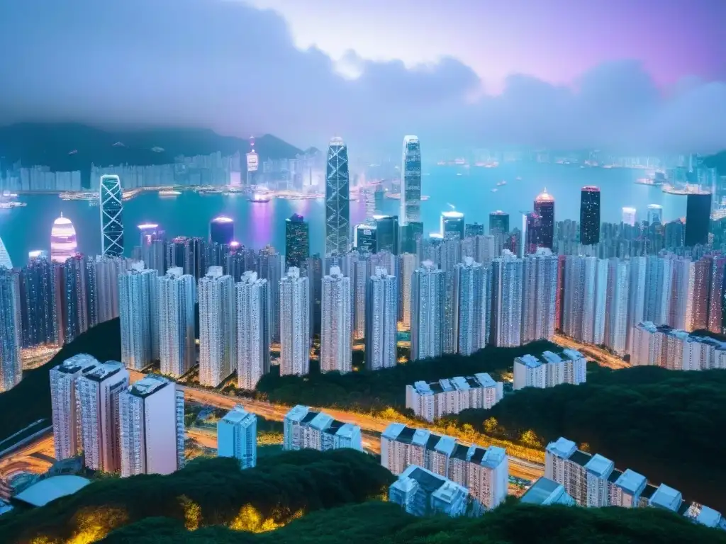 Vista aérea de microapartamentos coloridos en Hong Kong Vista aérea de microviviendas en Hong Kong, edificios coloridos iluminados por luces de la ciudad