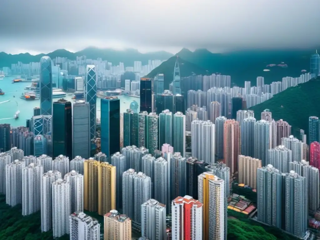 Vibrante Hong Kong: Microapartamentos entre rascacielos Vista aérea de Hong Kong con microviviendas innovadoras entre rascacielos