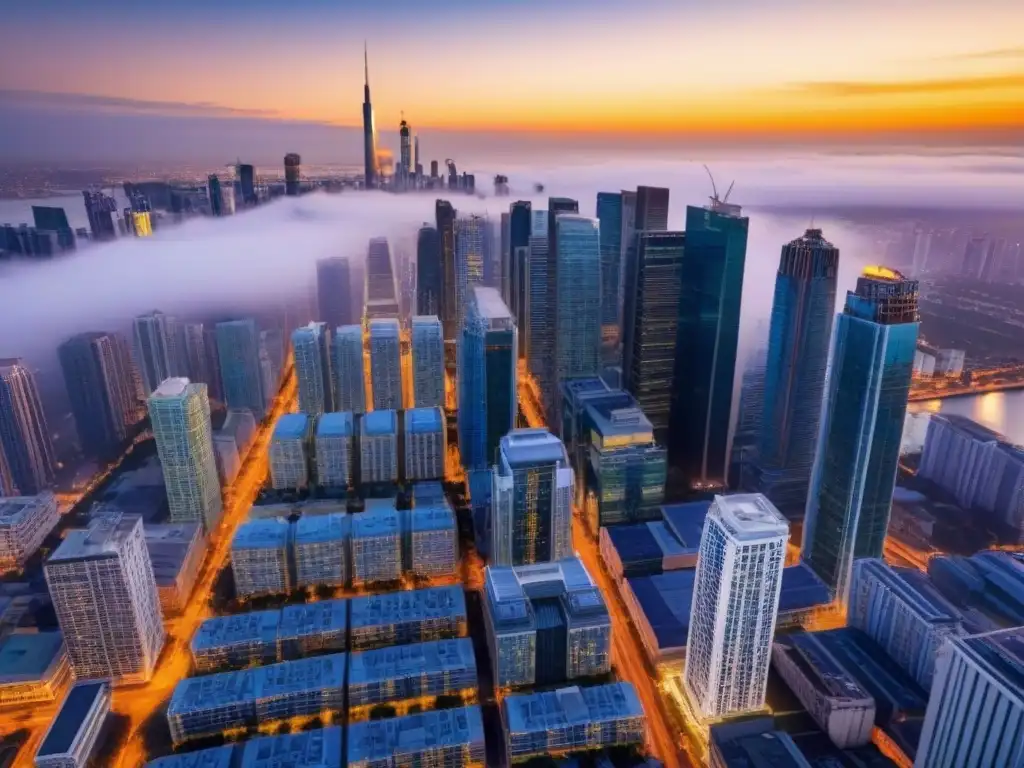 Panorama urbano moderno: auge inmobiliario y diversidad arquitectónica Vista aérea moderna de ciudad activa con rascacielos, simbolizando crecimiento y éxito en estrategias M&A en mercado inmobiliario