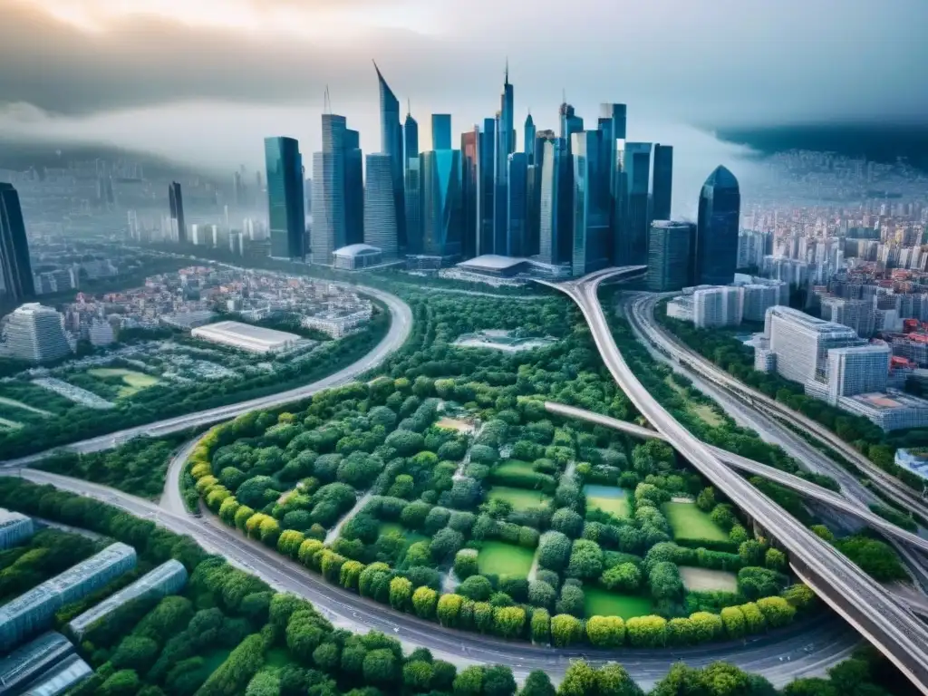Vibrante panorama urbano: asesoría legal en transacciones inmobiliarias internacionales Vista aérea moderna de una ciudad bulliciosa con rascacielos, reflejando la importancia de abogados en transacciones inmobiliarias internacionales