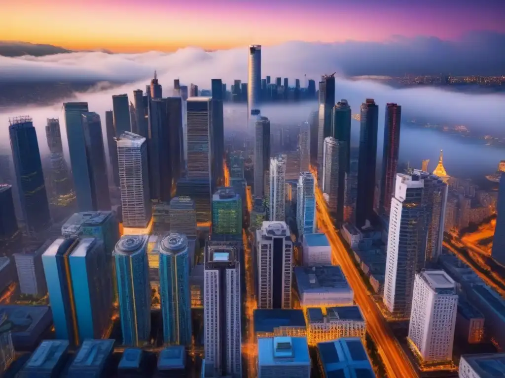 Horizonte urbano: fusión arquitectónica en mercado inmobiliario postfusión Vista aérea moderna de una ciudad bulliciosa con rascacielos, fusionando estilos arquitectónicos en un mercado inmobiliario internacional postfusión