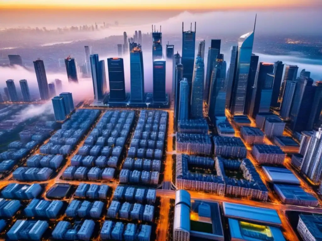 Metrópolis global: fusión arquitectónica en el mercado inmobiliario Vista aérea moderna de una ciudad fusionando rascacielos y edificios residenciales en un paisaje urbano internacionalizado por fusiones
