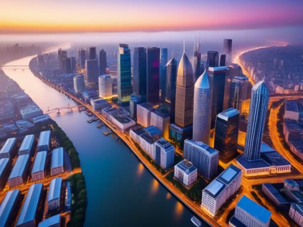 Vista aérea moderna de una ciudad bulliciosa al anochecer, con rascacielos contemporáneos y arquitectura tradicional