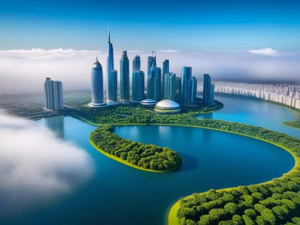 Espléndida vista aérea de ciudad moderna entre naturaleza exuberante Vista aérea ultranítida de moderna ciudad con rascacielos, parques verdes y agua brillante bajo cielo azul