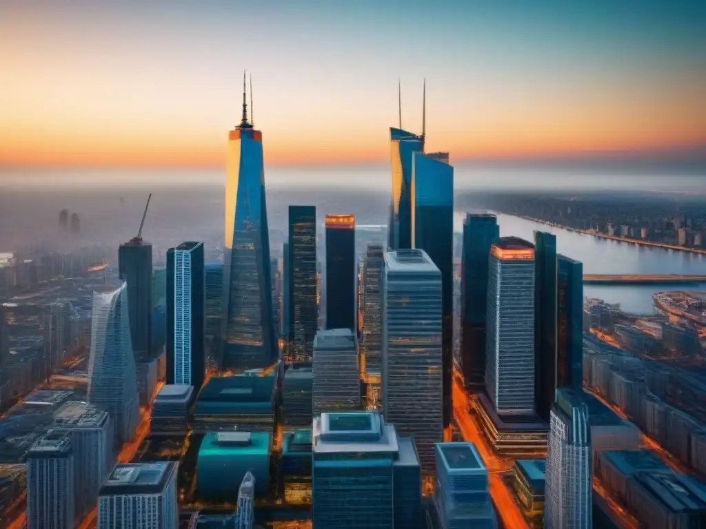 Esplendor urbano: vista aérea de una ciudad moderna y vibrante Vista aérea moderna de una ciudad bulliciosa con rascacielos y edificios comerciales elegantes