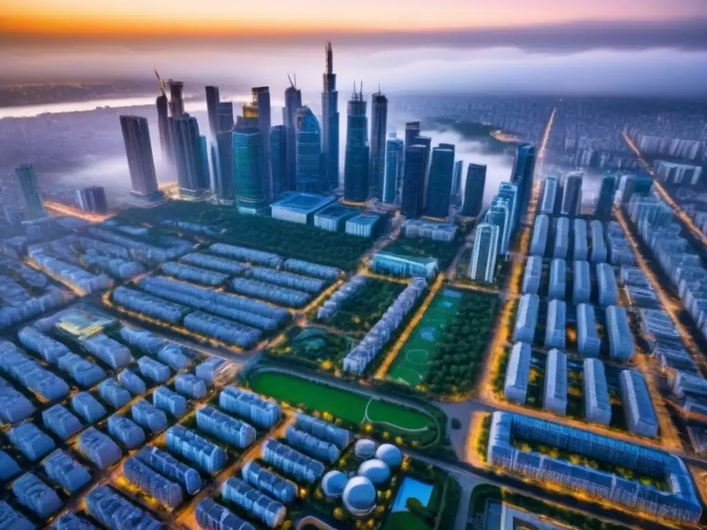 Metrópolis vibrante: inversión y convivencia en armonía urbana Vista aérea moderna de una ciudad vibrante con rascacielos y espacios verdes, simbolizando modelos de propiedad compartida para inversores residenciales