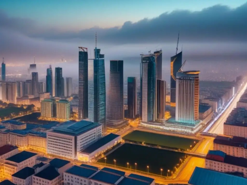 Metrópolis dinámica: arquitectura global en acción Vista aérea moderna y detallada de una ciudad bulliciosa con rascacielos, reflejando la diversidad del mercado inmobiliario global