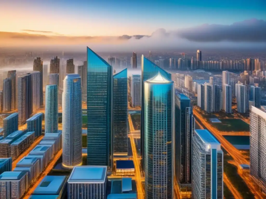 Edificios fusionados: arquitectura moderna en la ciudad Una vista aérea moderna de dos edificios de gran altura fusionados, destacando diseño arquitectónico y materiales de vidrio y acero