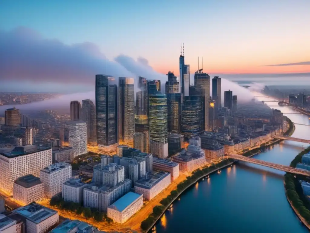 Metropolis nocturna: skyline moderno iluminado Vista aérea de una moderna metrópolis al anochecer, con rascacielos iluminados por luces de la ciudad reflejadas en un río tranquilo
