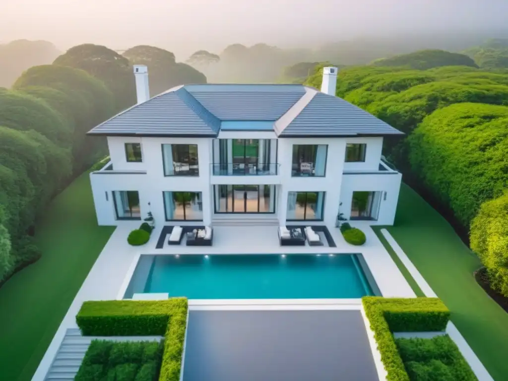 Exclusiva mansión moderna con jardines verdes capturada por drone Vista aérea de mansión moderna rodeada de exuberantes jardines, capturada por un elegante dron