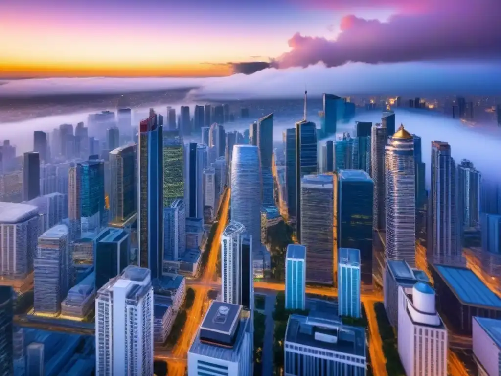 Metrópolis moderna: símbolo de crecimiento urbano y resiliencia Vista aérea moderna de una vibrante ciudad con rascacielos durante inflación, reflejando el mercado inmobiliario internacional