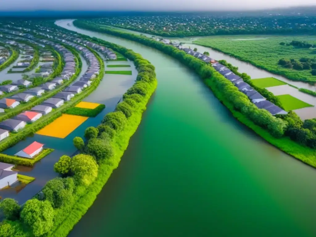 Urbanismo resiliente: mitigando riesgos de inundación Vista aérea moderna de zona inundable con medidas de protección, transmitiendo seguridad propiedad áreas inundables internacional