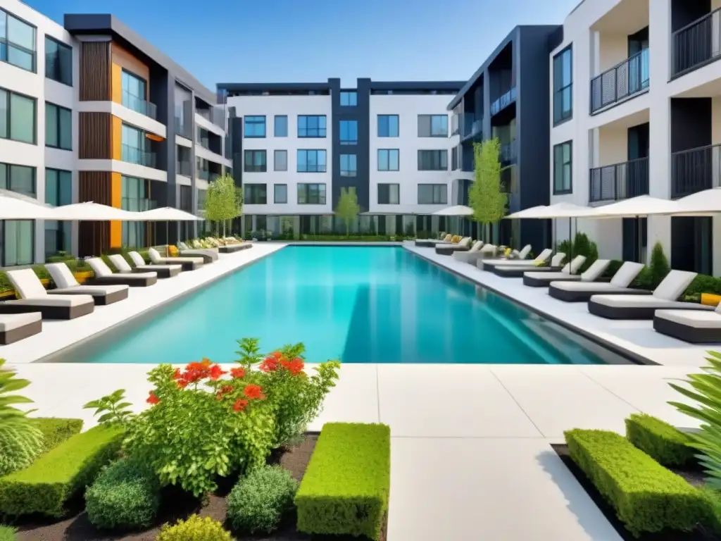 Complejo residencial moderno con amenidades de lujo y vibrante comunidad Vista aérea de un moderno complejo de apartamentos con amenidades, paisajismo exuberante y ambiente comunitario vibrante