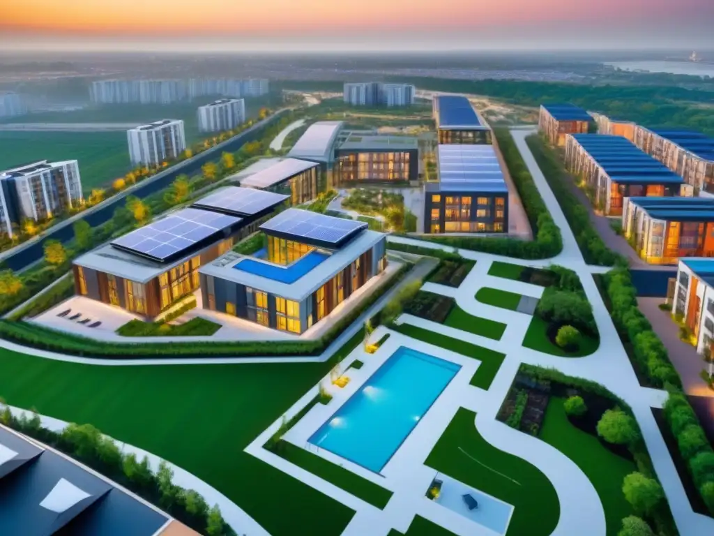 Desarrollo inmobiliario moderno con amenidades y arquitectura sostenible al atardecer Vista aérea de un moderno desarrollo inmobiliario integrado, con edificios altos, espacios verdes y comodidades comunitarias al atardecer