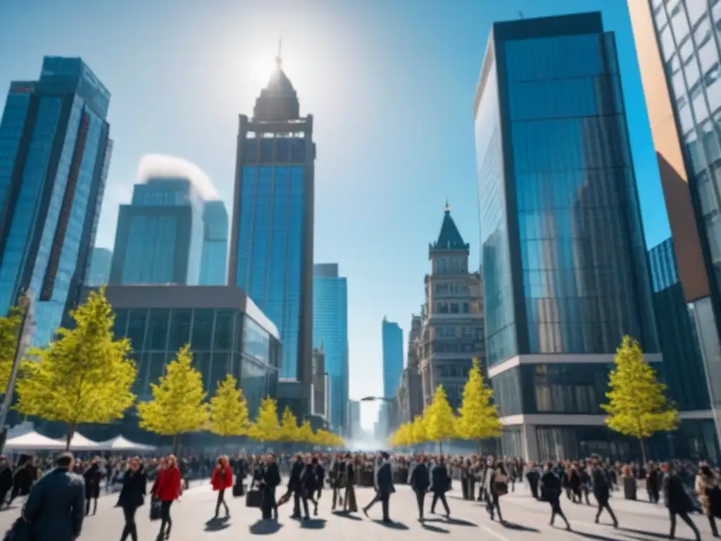 Esplendor urbano en Canadá: inversión inmobiliaria en auge Vista aérea de un moderno skyline en Canadá, con rascacielos relucientes y una bulliciosa calle urbana