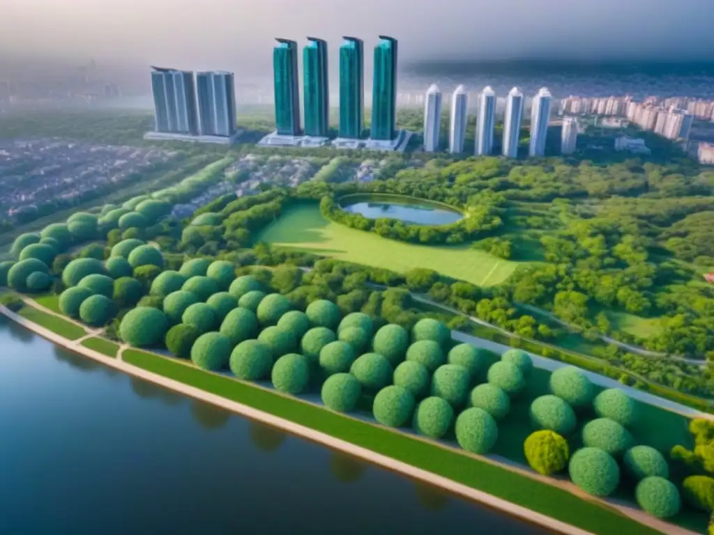 Arquitectura moderna y naturaleza: una sinfonía urbana Vista aérea de modernos edificios residenciales rodeados de parques y complejos comerciales, mostrando el impacto de la inversión inmobiliaria