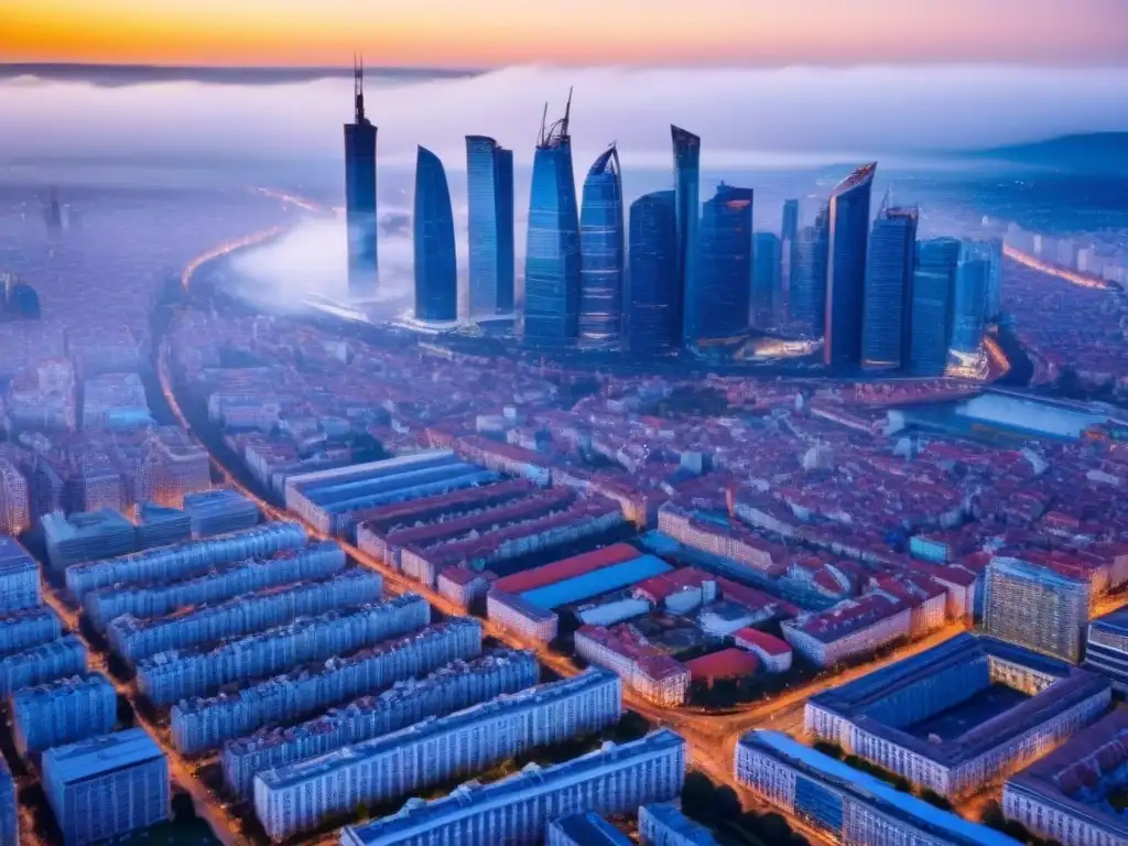 Vibrante paisaje urbano en Europa del Este: modernidad y agitación Vista aérea de Europa del Este con modernos rascacielos, mercados callejeros y bulliciosas calles, reflejando el mercado inmobiliario en la región