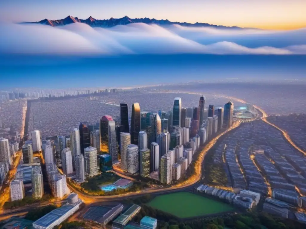 Vista aérea de Santiago, Chile con modernos rascacielos y la cordillera de los Andes al fondo