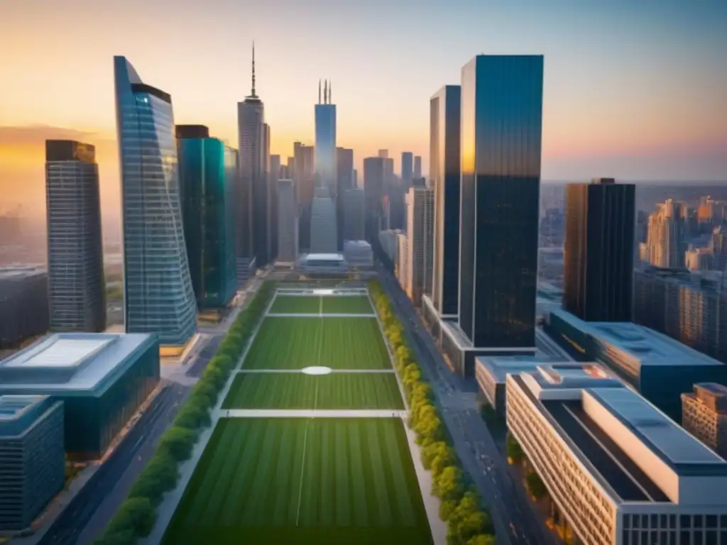 Horizonte urbano moderno al atardecer: diversidad y dinamismo en la ciudad Vista aérea de modernos rascacielos en áreas metropolitanas norteamericanas