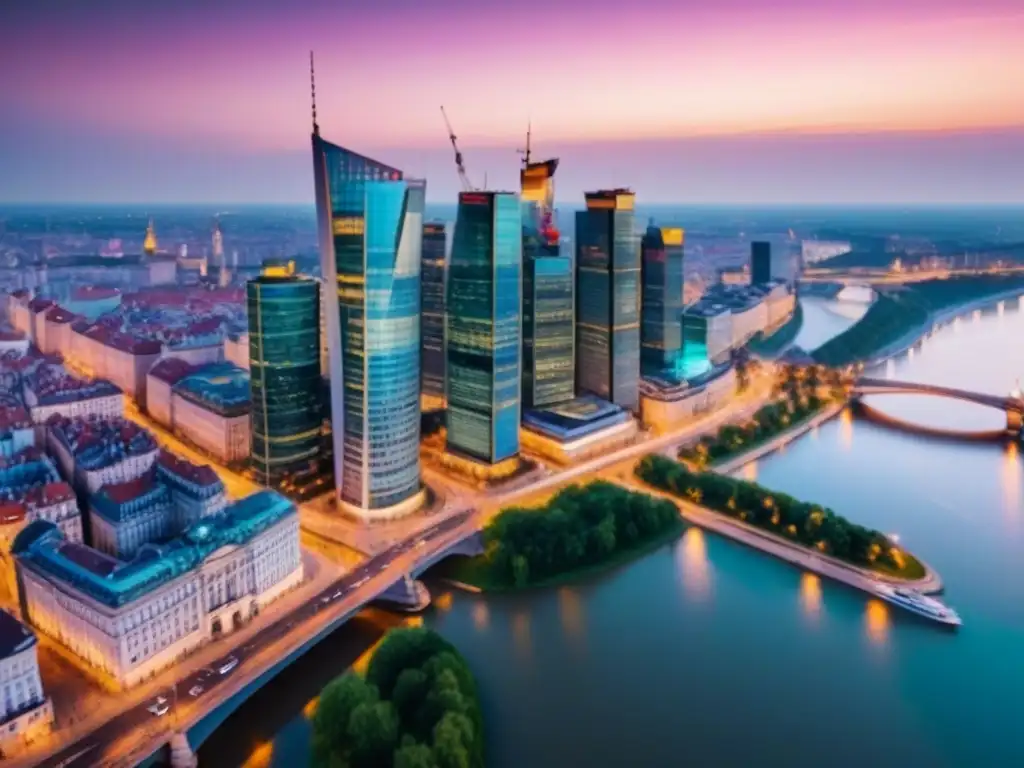 Espectacular skyline de Varsovia al anochecer Vista aérea de Varsovia, Polonia al anochecer con modernos rascacielos iluminados