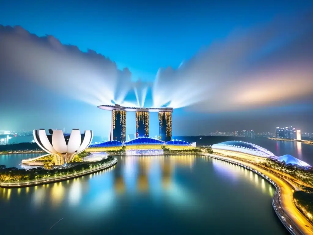 Lujo urbano: Marina Bay Sands y Supertree Grove en Singapur Vista aérea de Singapur de noche: Marina Bay Sands, Supertree Grove y luces de la ciudad reflejadas en el agua