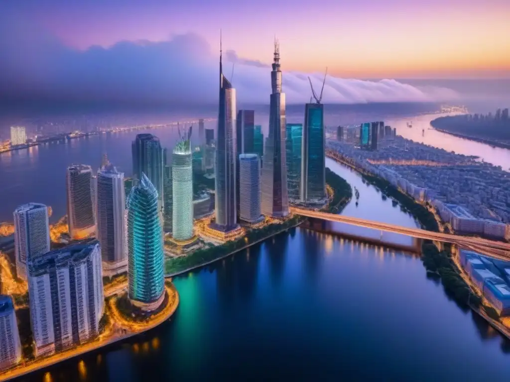 Vibrante ciudad nocturna: luces de neón y arquitectura moderna Vista aérea nocturna de una ciudad vibrante con rascacielos iluminados por luces neón, reflejándose en un río tranquilo