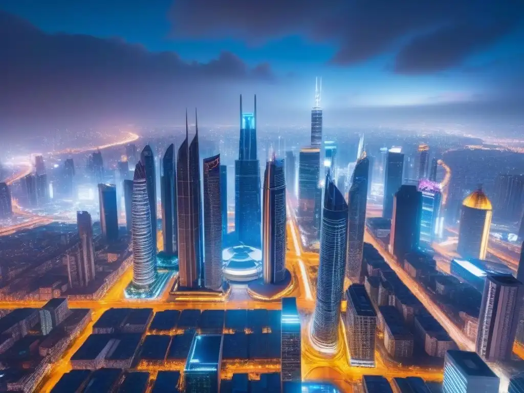 Metrópolis futurista: luces neon y tecnología avanzada en la noche Vista aérea nocturna de una ciudad futurista con arquitectura innovadora y tecnología avanzada
