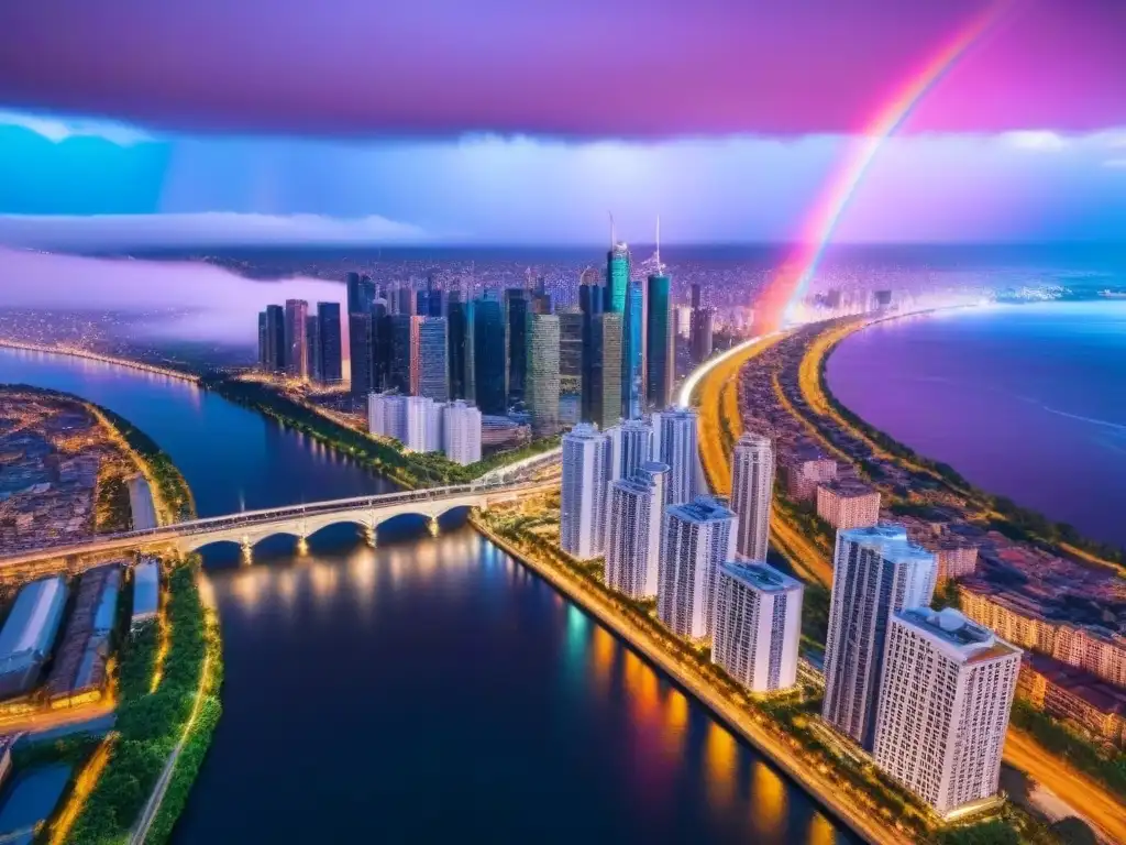 Espectacular ciudad nocturna: rascacielos iluminados reflejados en el río Vista aérea nocturna de una ciudad vibrante con rascacielos iluminados en colores, reflejándose en un río tranquilo