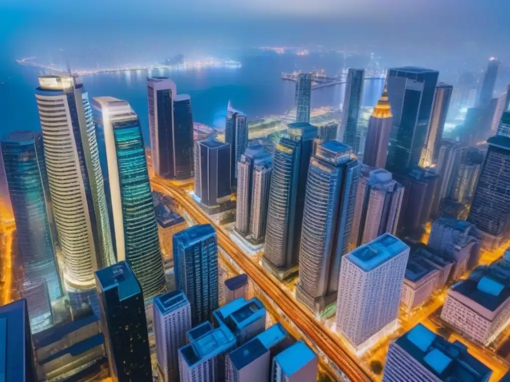 Espectacular panorama nocturno de una ciudad moderna en pleno auge Vista aérea nocturna de una ciudad bulliciosa con rascacielos iluminados y calles llenas de vida